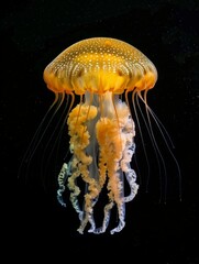 Wall Mural - Vibrant orange jellyfish gracefully floats against a dark background. Beautiful underwater photography with vibrant colors and details. Perfect for marine and ocean-themed designs. AI