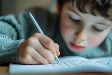 Close-up of a boy writing with a pen in workbook