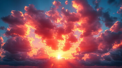 Wall Mural - Beautiful sunset sky with pink fluffy clouds view from above 