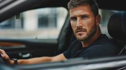 male portrait of man who driving luxury car. person is driver of vehicle. guy wear t-shirt, black car interior. lifestyle photography. traveling concept