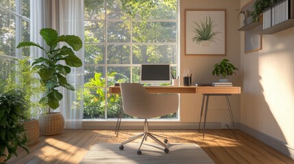 Poster - A home office with a desk, chair, and view of a garden through a window.