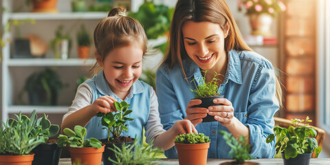 Wall Mural - Beautiful mother and her child replanting flowers in new pots at home. Smiling woman gardener caring for flowers and plants. Leisure with kids.