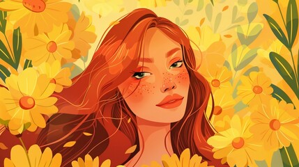 Poster - An illustration in flat style featuring a beautiful young red haired woman in close up, set against a backdrop of yellow flowers. The warm background colors blend harmoniously with