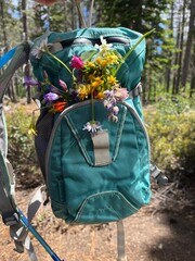 backpack filled with flowers