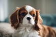 © sandra - spaniel puppy charles cavalier dog king pet sitting animal isolated on white background horizontal studio shot nobody no people photo color image indoor one alone full-length front view cut-out brown