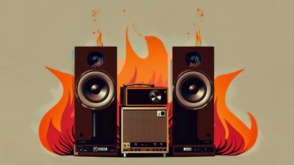 Poster - Vintage speakers and an amplifier stand amidst colorful flames, creating a dynamic contrast and emphasizing the energy of the audio setup.