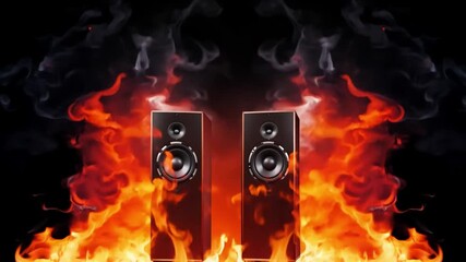 Poster - Two speakers emit flames and smoke, creating a dynamic and electrifying visual effect in a dark environment.