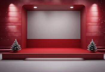 Poster - advertising studio backdrop Empty christmas bright splay 3D showing Red background design material stand three-dimensional concept abstract shelf cement Blank banner made racked Realistic boot