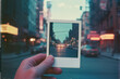 © EVISUAL - hand proudly displays a freshly taken Polaroid photo against a bustling street scene backdrop, evoking a sense of nostalgia and wonder. generative AI
