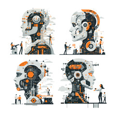 Poster - People constructing enormous automatons vector concepts. Workers head giant robot gear machinery collaboration individuals android shop building advanced specialists fabrication isolated illustrations
