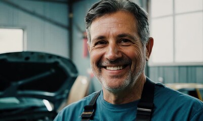 Wall Mural - Portrait of happy mature mechanic smiling at camera in auto repair shop