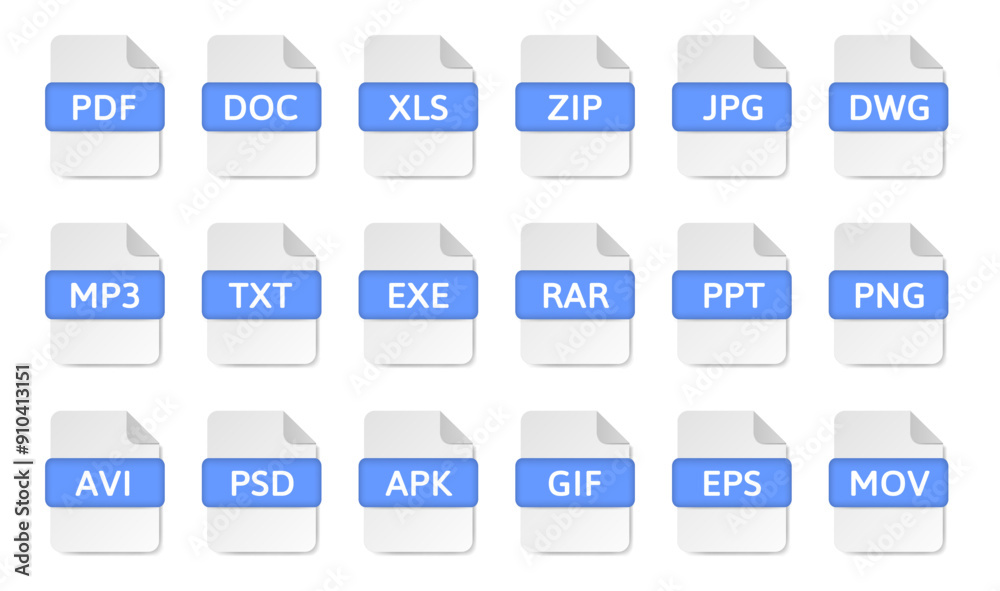 File type. Light blue icons. Pdf, doc and xls document formats. Zip and ...