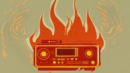 Poster - A retro boombox is engulfed in flames, creating a striking contrast against a muted green backdrop.