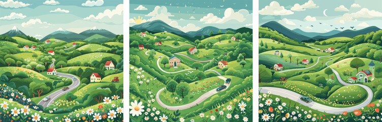 Canvas Print - Scenic countryside winding roads flower fields cartoon vector concepts. Landscape car village houses hut hills nature rural green meadow valley mountain tranquil summer environment panoramic artworks