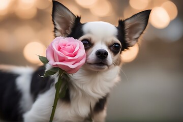 Wall Mural - rose dog chihuahua standing pink love valentine puppy red animal funny day mouth pet happy romantic cute flower sorry birthday spring romance gift portrait brown chocolate holding fresh holiday sweet