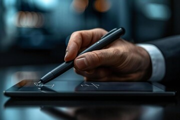 Businessman Utilizing Electronic Pen to Sign Off on Virtual Document for Paperless Quality Assurance and ERP Management: Check and Approval Concept.