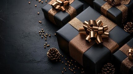 luxurious gift boxes in deep black and shimmering gold elegant ribbon bows and metallic accents create a sophisticated highend holiday or shopping theme