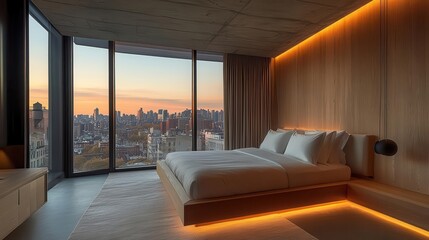 Poster - luxurious minimalist hotel suite bathed in warm ambient light featuring a cloudlike king bed sleek wooden accents and floortoceiling windows overlooking a city skyline