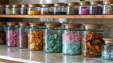 Wall Mural -   A pot on a shelf with various confetti-filled jars nearby and a potted plant