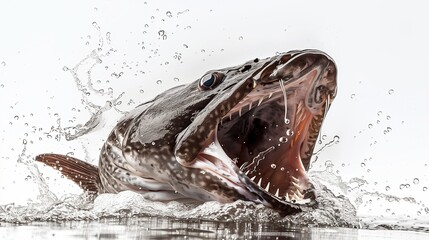 a dramatic of a large catfish attacking in a freshwater environment, its mouth wide open revealing s