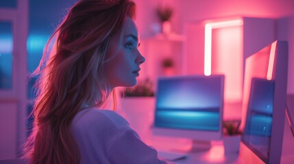 Poster - Woman working on computer in neon-lit futuristic office setting