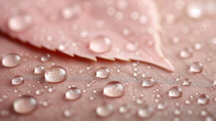 Wall Mural -   A high-resolution image of a close-up of a pink flower, with water droplets on the petals and a pink leaf against a pink background