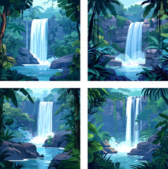 Canvas Print - Tropical waterfall cartoon vector illustrations. Aqua cascade rainforest leaves stones stream pond river woodland natural green jungle foliage lush tranquil scenic paradise artworks