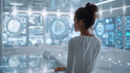 Poster - Young woman immersed in futuristic data analysis with neon lights