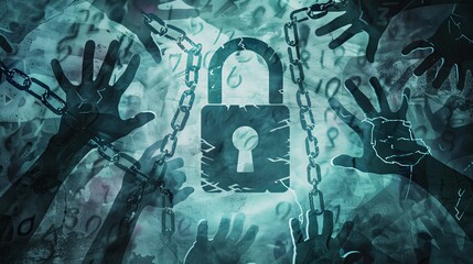Aufkleber - A digital profile with a lock icon, multiple shadowy hands reaching out, and a broken chain representing stolen identity