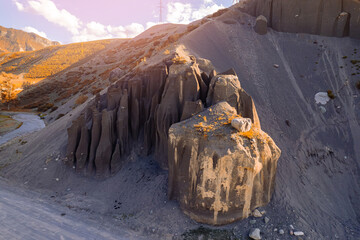 Wall Mural - Aerial top view Landscape rock formations from stone Mushrooms in river valley, Altai mountains, Russia