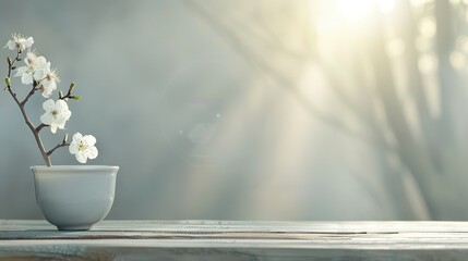 Wall Mural -   White flower in white vase on wooden table, sunlight through trees