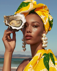 A woman with a lemon headscarf poses with a seashell on a beach. Playful fashion accessories and sunny beach vibes.