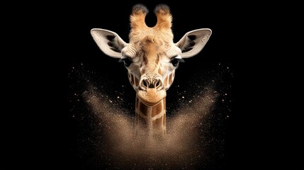 Wall Mural -   A tight shot of a giraffe's face, showing sand cascading from its mouth