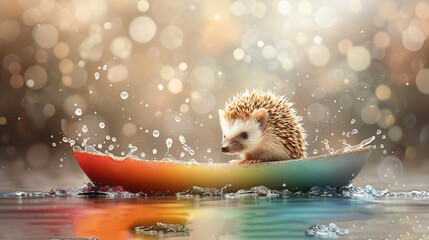 Poster -   A hedgehog sits in a boat in the water with a splash of water on its face