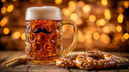 Wall Mural - Oktoberfest  party. German tradition, Glass full of bear and tasty pretzels. 