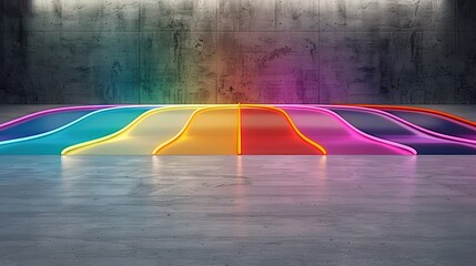 Wall Mural -   A multicolored bench sits in a room with a solid floor and a solid wall in front of it