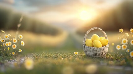 Wall Mural -   A basket brimming with golden eggs resting atop verdant grass near daisy fields