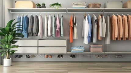 interior wide shot banner of walk in closet dressing up room with clothing shelfs and rack hangers for lifestyle fashion outfit cabinet storage space organizers at home or bedroom decor furniture