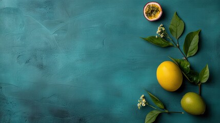 Wall Mural -  Two lemons and a grapefruit on a blue background with green foliage