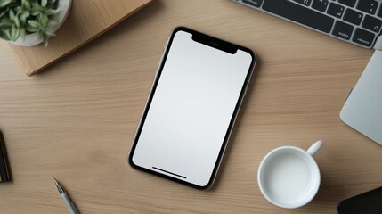 Wall Mural - Phone on a business desk, screen blank for your mockup purposes