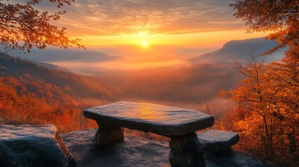 Wall Mural - rustic stone table overlooking a breathtaking mountain vista at dawn misty valleys golden sunlight and vibrant autumn foliage create a serene organic ambiance