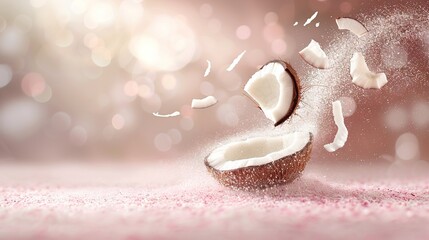 Wall Mural -   A coconut on a table, with a splash of milk emerging from its top