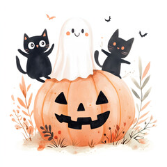 watercolor halloween illustration for invitation, frames and tags with cute pumpkin, ghost, skull, black cat isolated on white background, png