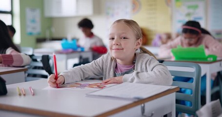 Poster - Face, student and girl coloring in classroom of creative learning, visual development or fine motor skills in school. Happy portrait of kid or child with drawing activity of butterfly for imagination