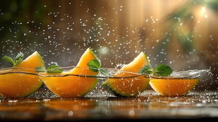 Wall Mural -   A cluster of oranges resting atop a table with water cascading from their surfaces