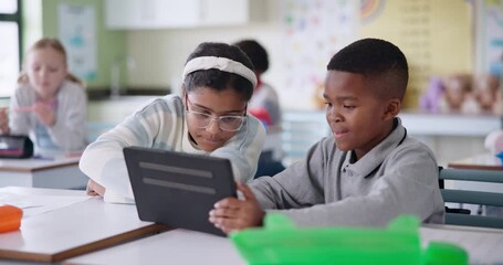 Poster - School kids, students and teamwork on tablet in classroom reading with online app or digital e learning at school. Creative children with tech, creative development or interactive games in education
