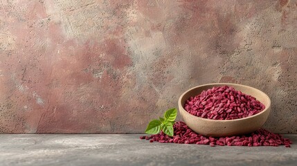 Wall Mural -   A wooden bowl with red beans and a leafy sprig of lettuce on a concrete surface