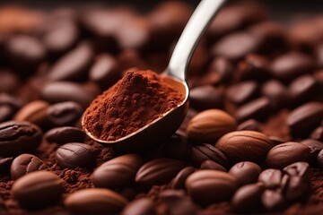 beans roasted backgroun chocolate powder cocoa spoon cocoa