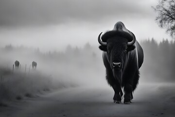 walking image greyscale bison mist out wildlife animal wild mammal white buffalo safari zoo nature b