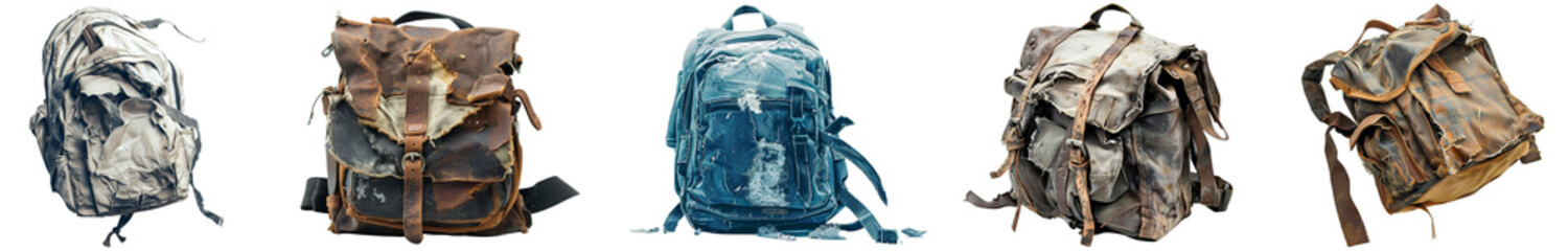 pack of torn backpack set against transparent background